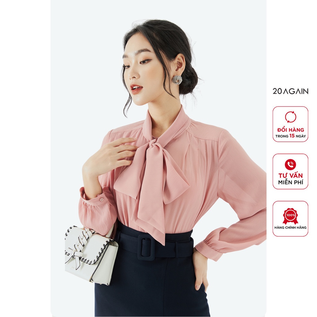 Áo sơ mi nữ dài tay nơ cổ 20AGAIN, thiết kế công sở vải voan cao cấp ASA1212