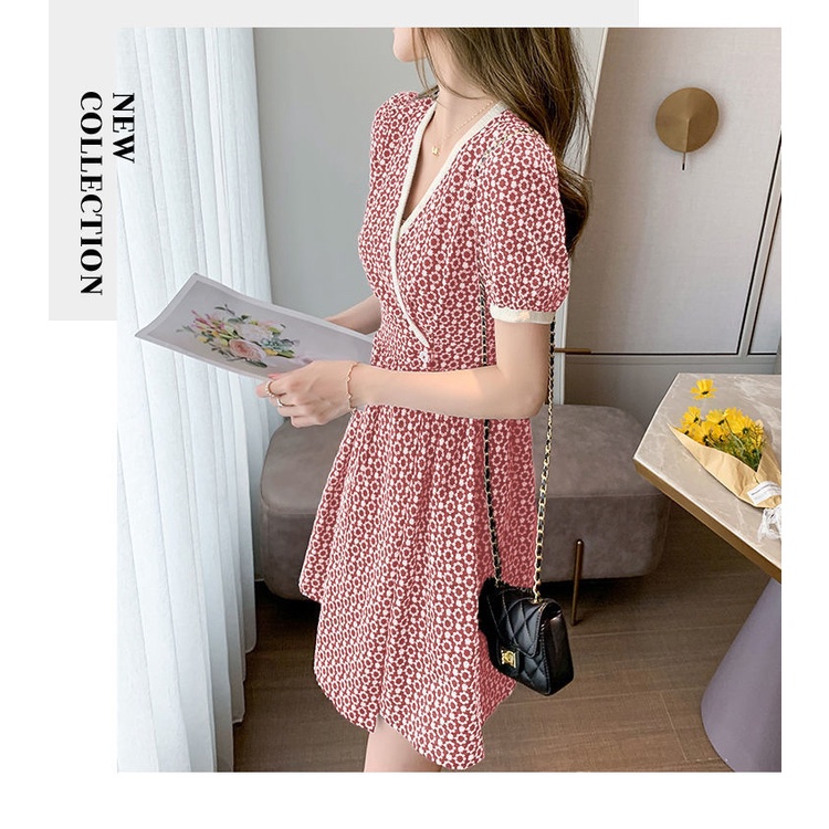 Đầm họa tiết hoa ôm eo phong cách Pháp thời trang mùa hè mới 2021