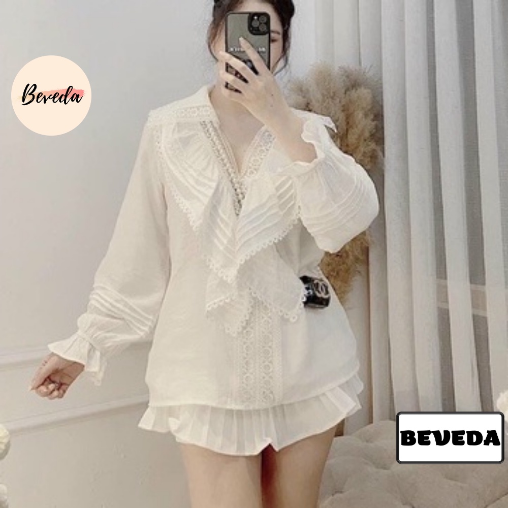 Áo Sơ Mi Trắng Nữ Cổ V Bèo Tay Dài Xinh Phối Ren Lưới Tiểu Thư