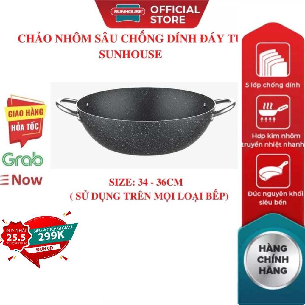 Chảo Nhôm Sâu Chống Dính Bếp Từ  Vân Đá  SUNHOUSE 34CM 36 CM Siêu Dày (dùng được trên mọi loại bếp) Mới 100% Chính Hãng