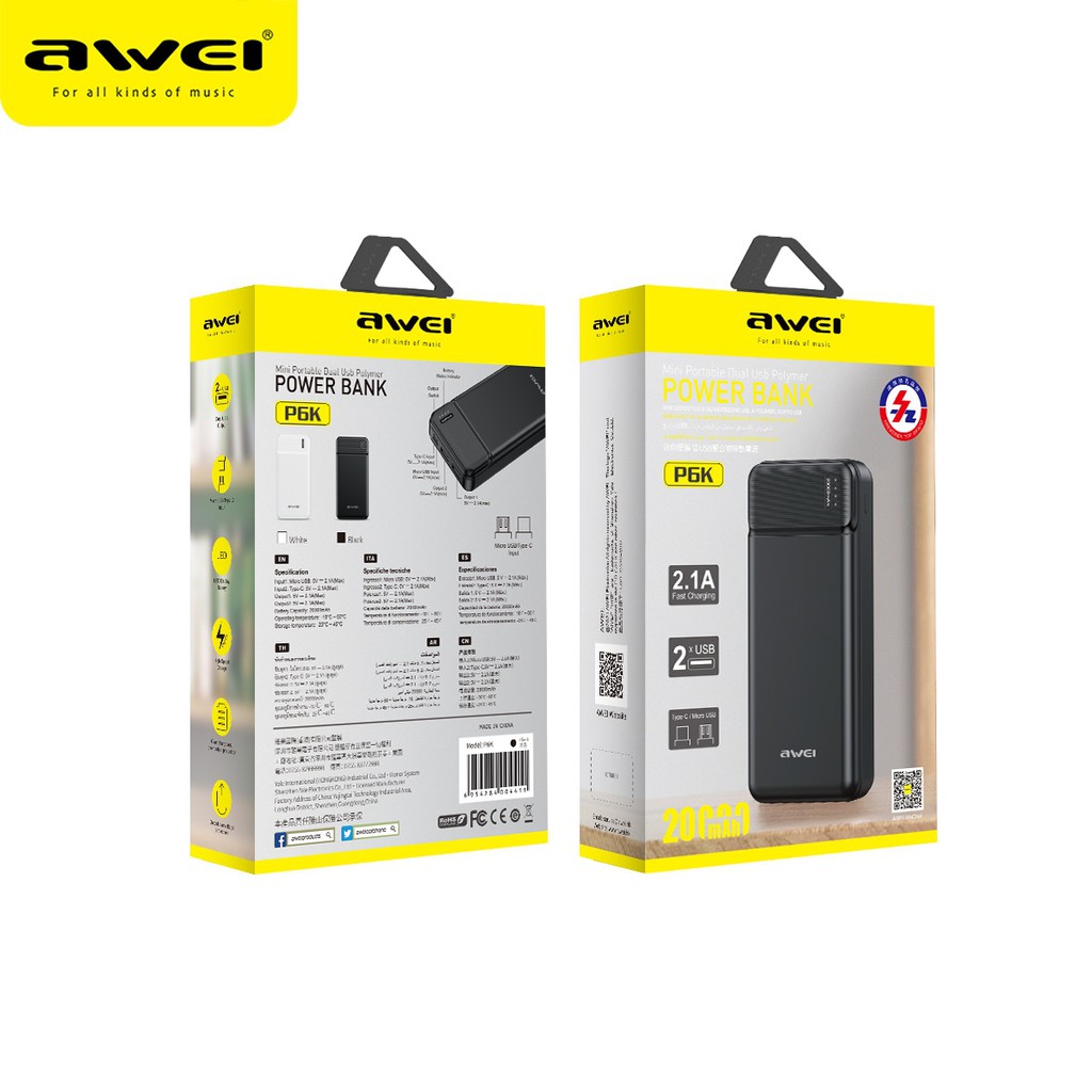 Pin sạc dự phòng Awei P6K hai cổng đầu vào Type C/Micro USB dung lượng 20000mAh