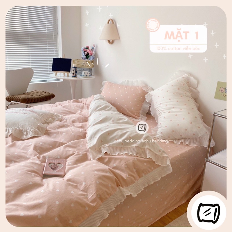 Bộ chăn ga gối chất liệu COTTON 100% viền bèo tim