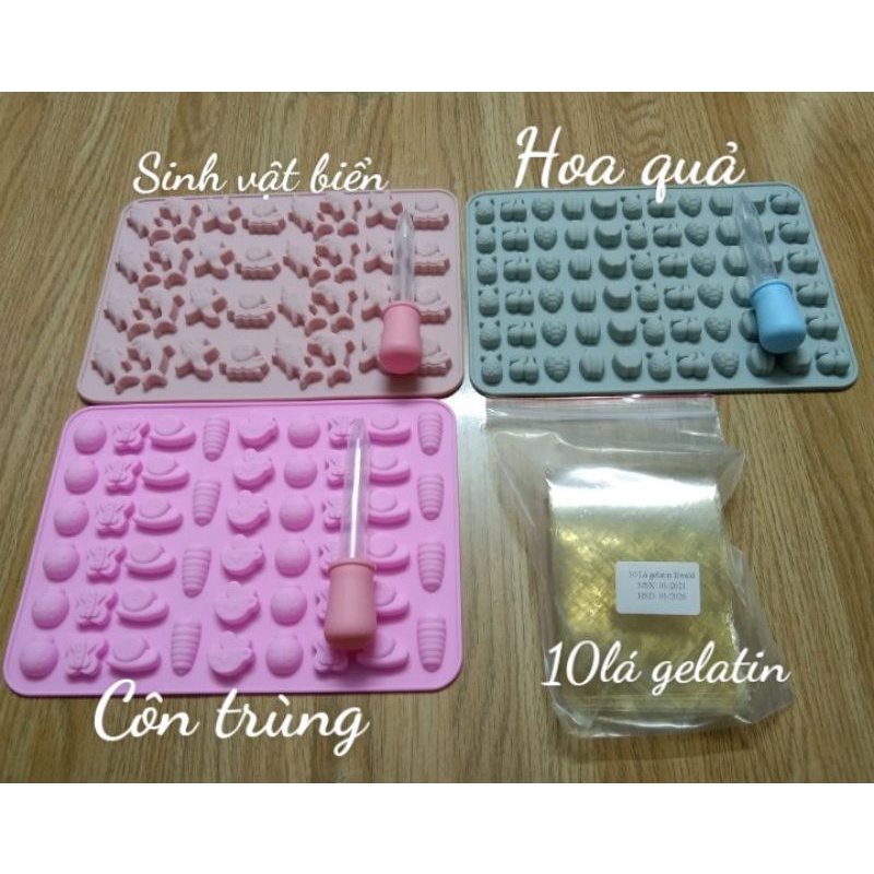 SET làm  kẹo dẻo gồm 3 khuôn kẹo dẻo và 10 lá gelatin ewald  làm kẹo chip chip  dẻo dai an toàn cho bé