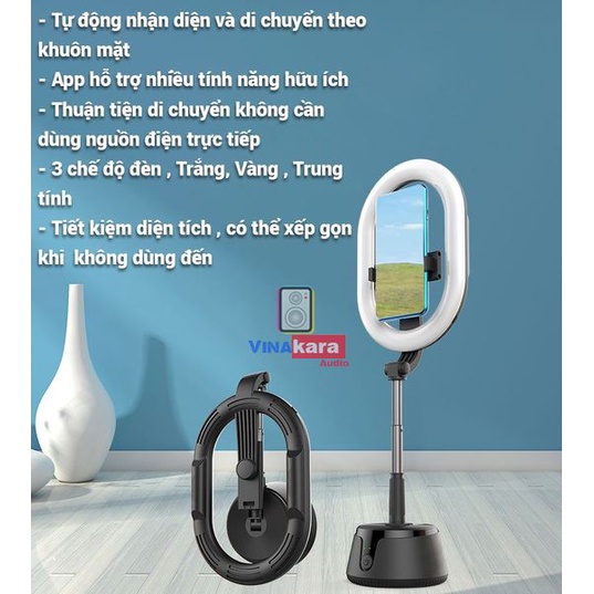 Đèn livestream A10 5 in 1 tích hợp Giá đỡ điện thoại có 3 chế độ sáng nhận dạng khuân mặt xoay tự động