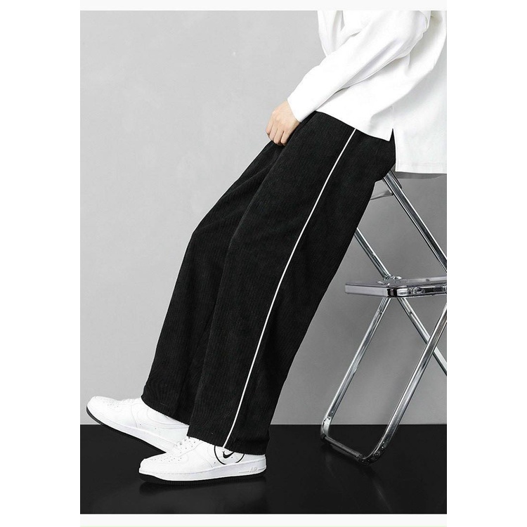 Quần Ống Rộng Nam Nữ Dáng Suông Chất Len Tăm Màu Đen Và Kem Phong Cách Trẻ Trung Năng Động Phong Cách Ulzzang