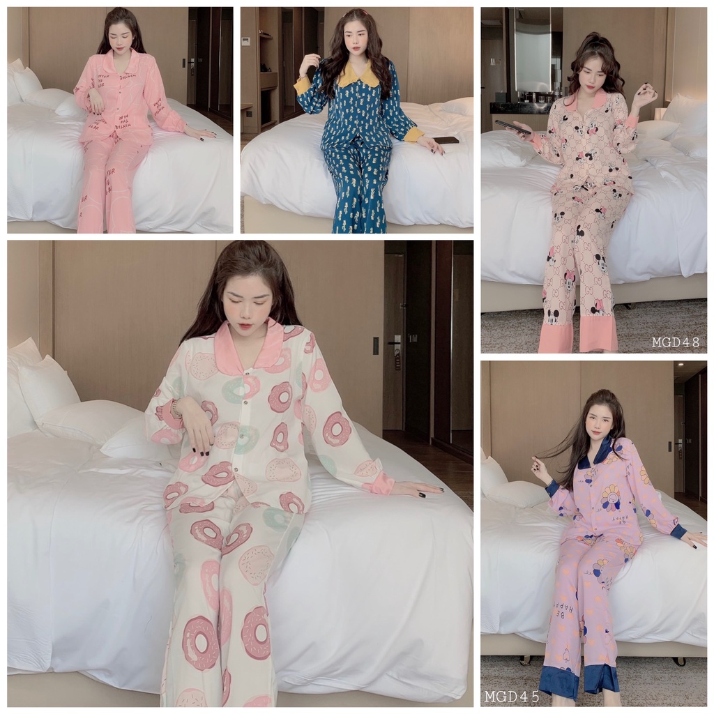 Đồ Ngủ Nữ Lụa Dài Tay Bà Bầu Sau Sinh, Bộ Ngủ Pijama Lụa Hàn Cute Hàng Thiết Kế Cao Cấp