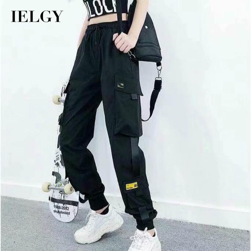 Quần dài IELGY lưng cao dáng rộng màu đen phong cách thể thao năng động thời trang dành cho nữ