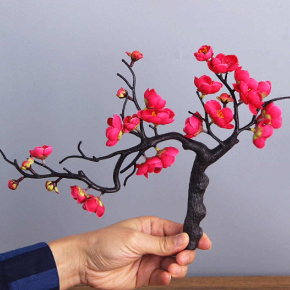 Nhành đào bonsai hoa vải trang trí