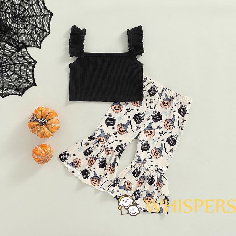 Set Đồ Halloween 2 Món Gồm Áo Sát Nách + Quần Ngắn Ống Loe In Họa Tiết Bí Ngô Cho Bé Gái 0-5 Tuổi
