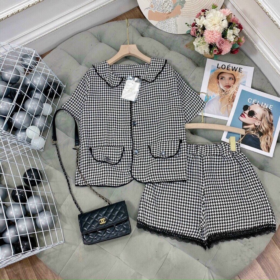 Set bộ tiểu thư caro cổ bẻ, áo kiểu nữ, set bộ đi chơi quần đùi ngắn, quần short nữ viền ren