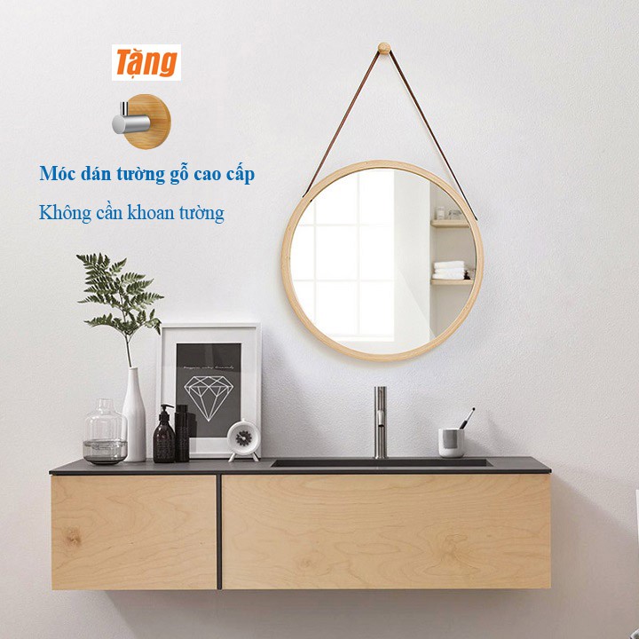 Gương tròn treo tường dây da khung gỗ tự nhiên + tặng móc dán tường bằng gỗ siêu chắc