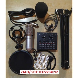Combo bộ hát thu âm cao cấp V8 mic bm900 chân kẹp màng lọc tai nghe