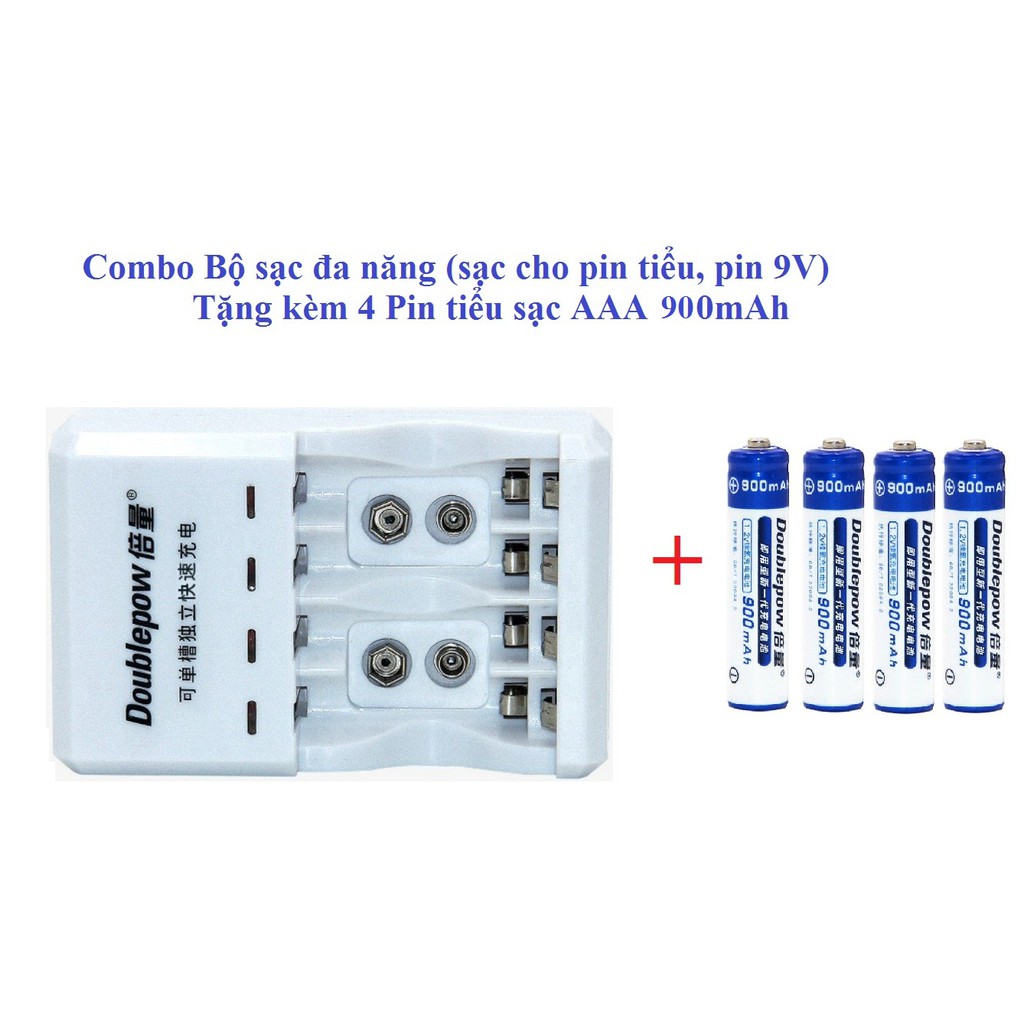 Combo Bộ sạc pin đa năng (sạc pin tiểu AA, AAA, pin vuông 9V) Tặng kèm 4 pin tiểu sạc AAA 900mAh