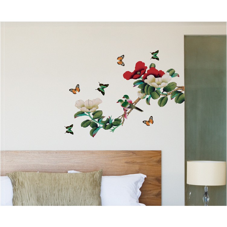 Decal trang trí tường Cành Hoa Hồng Đỏ Trắng Cổ Điển