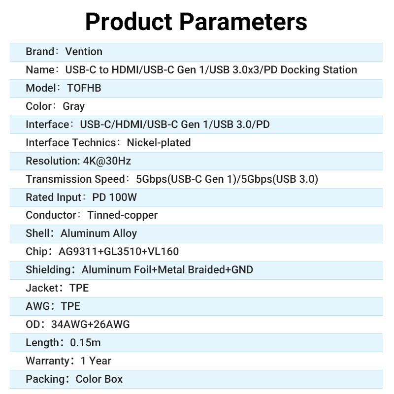 Thiết bị hub Usb C 6 trong 1 VENTION chuyển đổi type C sang HDMI/USB C Gen 1/USB 3.0*3/PD cho Laptop PC