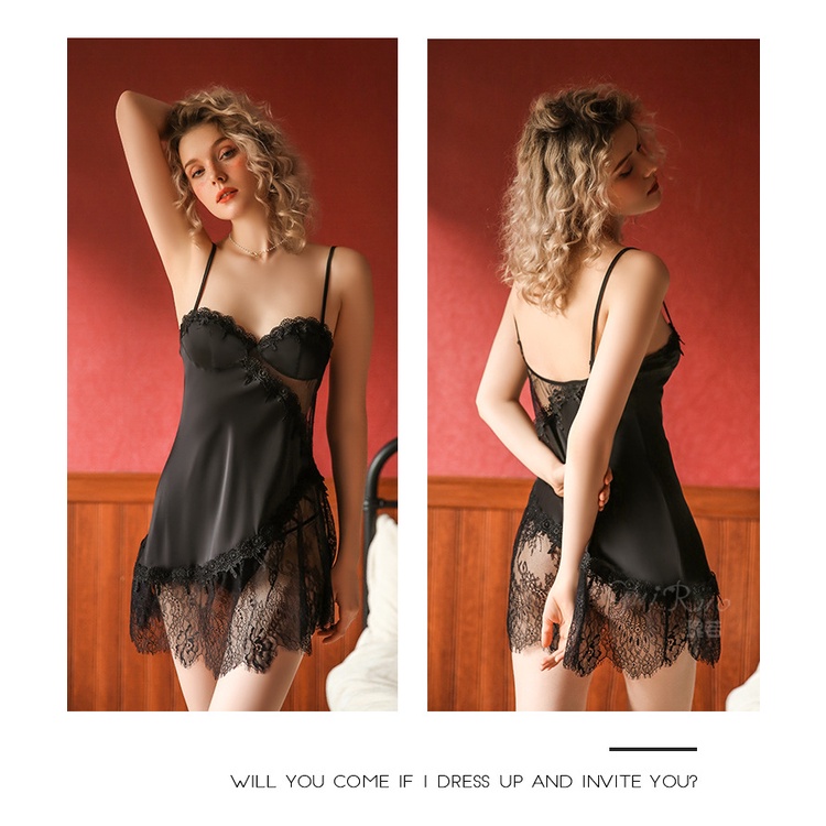 Váy ngủ lụa 2 dây pha ren Cao Cấp 606