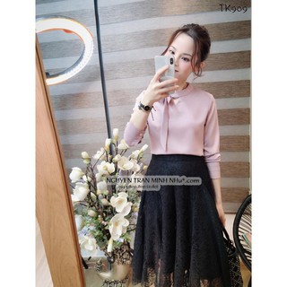 Hàng TK VN SET ĐỒ CÔNG SỞ ÁO LỤA NƠ TÍM HÀN QUỐC PHỐI CÙNG CHÂN VÁY XÒE REN