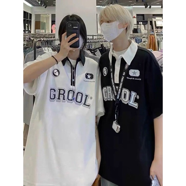 Áo Polo In Chữ Grool Unisex Hai Màu Đen Trắng Freesize Nam Nữ Mặc Được-Changstore