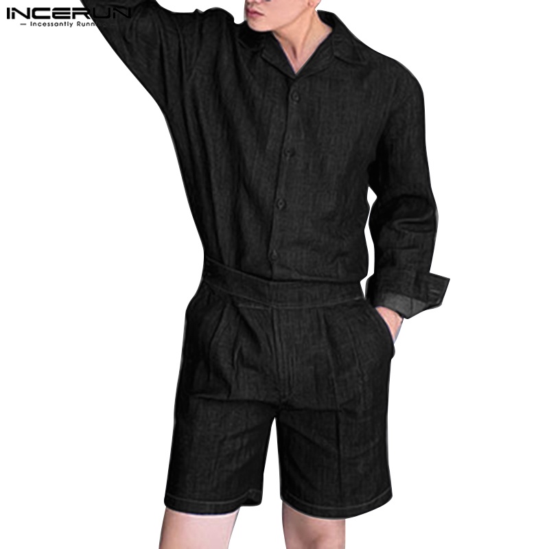 Jumpsuit INCERUN denim tay dài phối khóa kéo và nút cài phong cách Hàn Quốc thời trang cho nam