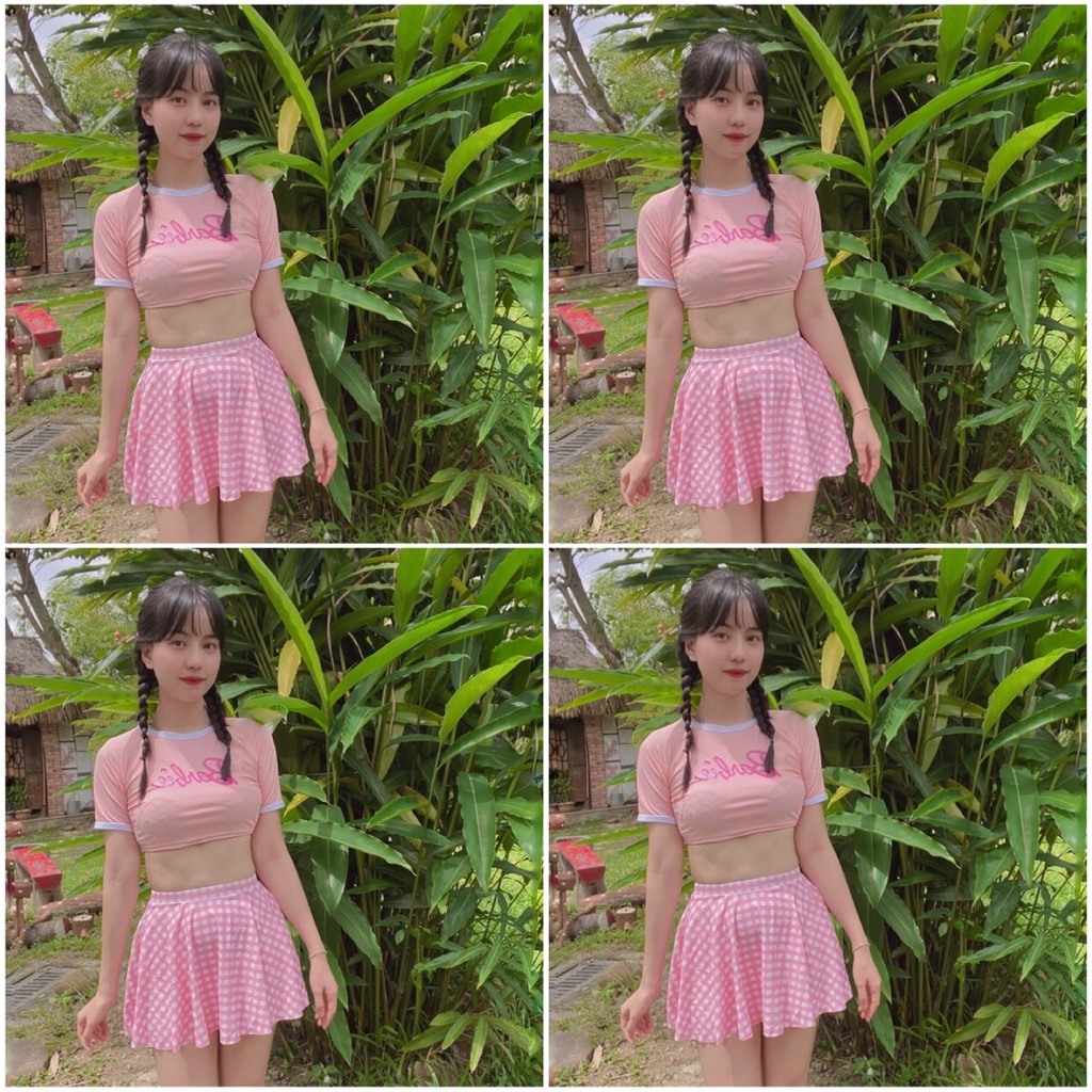 Bikini, đồ bơi nữ 3 mảnh crotop quần bơi chân váy hồng babie. đồ học bơi, đi biển Hàn Quốc vải cao cấp