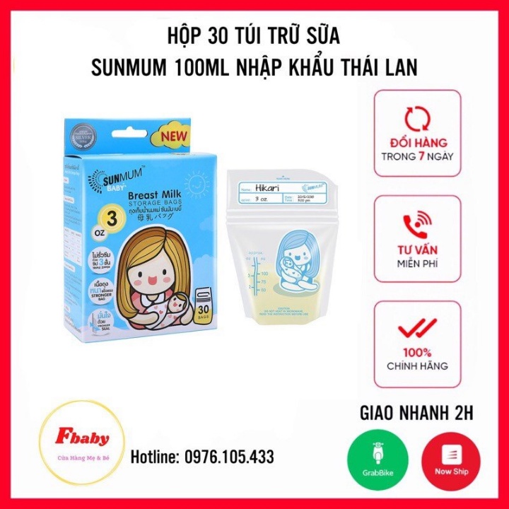 Túi Trữ Sữa Sunmum 100ml (Hộp 30 Túi ) Nhập Khẩu Thái Lan  / 3 Khóa Zip Chống Tràn Sữa / [ Tặng Bút Ghi Chú ]