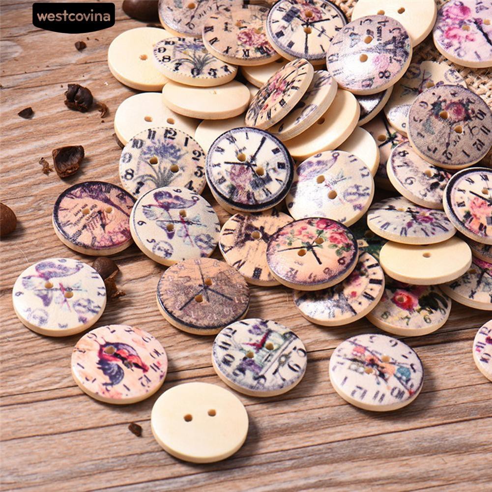 Set 50 Nút Gỗ 2 Lỗ Hình Đồng Hồ Vintage
