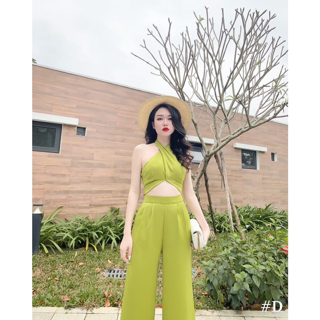 Set bộ bra cổ yếm mix quần ống rộng đi biển SL702