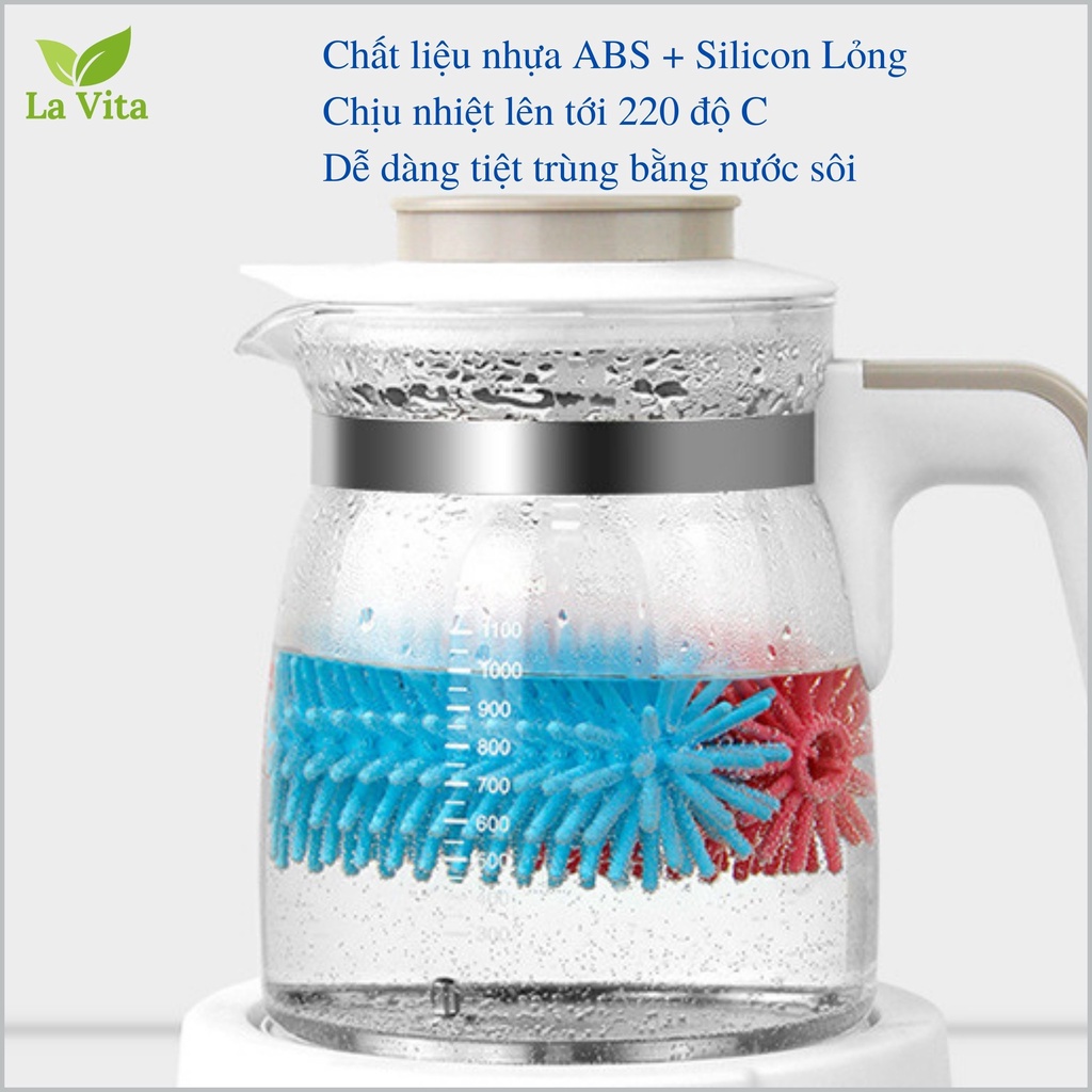 Cọ rửa bình sữa silicon La Vita [CHÍNH HÃNG] cao cấp  3 chi tiết 1 cây cọ bình và 1 cây cọ núm ti Tay cầm xoay 360 độ