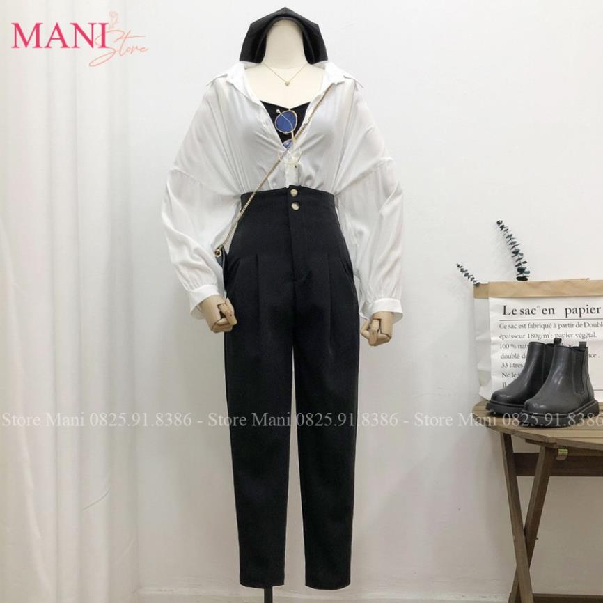 Quần Baggy công sở nữ cạp cao liền phối 2 cúc - chất vải tuyết mưa 84