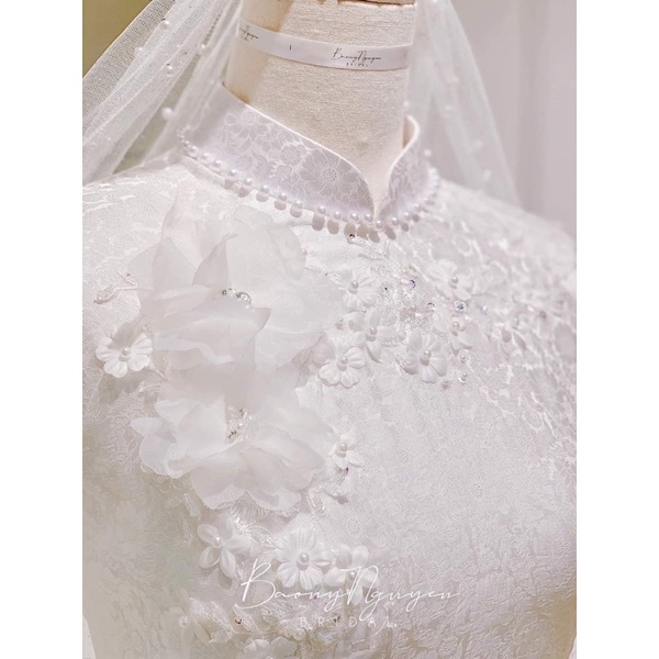 Áo dài cô dâu gấm thơm hoa 3D mẫu mới nhất, áo dài cưới cô dâu đẹp