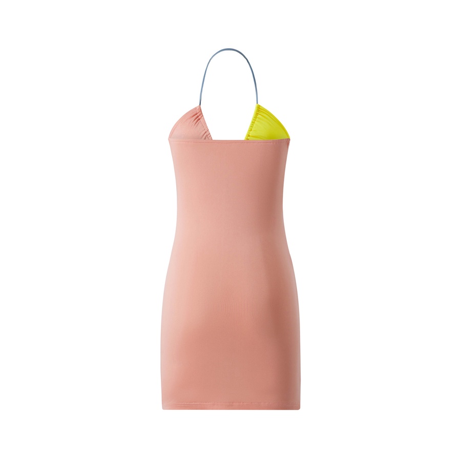 LD-Ladies Hollow Short Dress, Summer Women Leisure Style Contrast Color Splicing Hanging Neck Drawstring Tie Up Slim