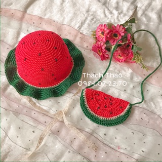 SET TÚI MŨ MÓC SỢI THÔ HÌNH QUẢ DƯA HẤU CHO BÉ