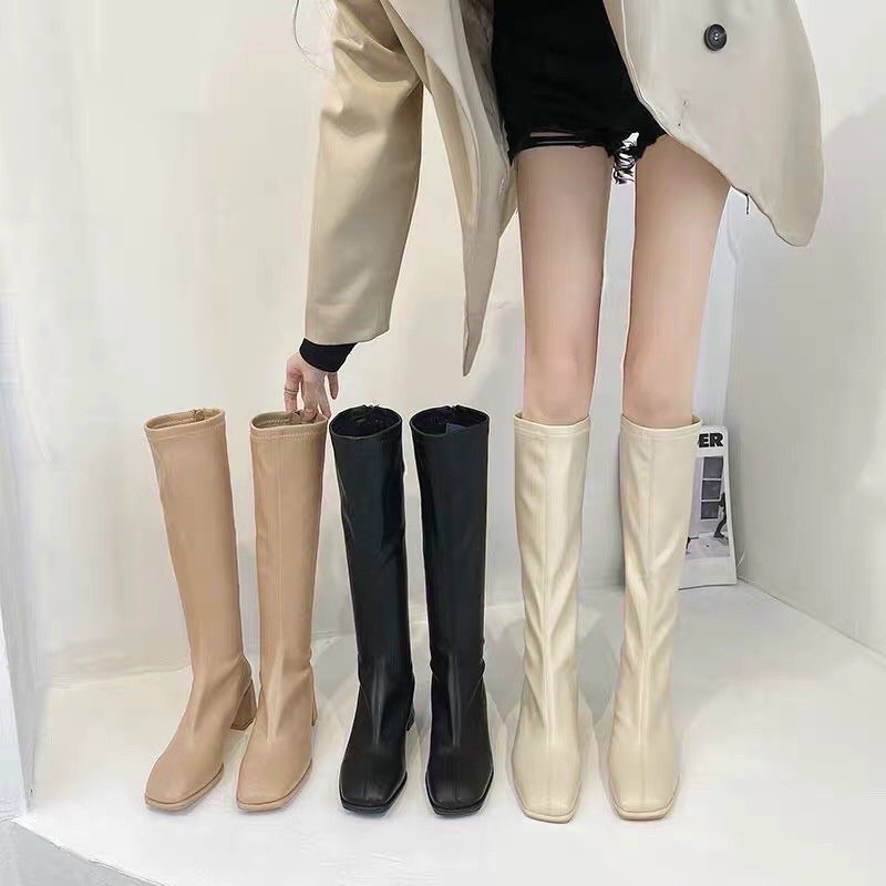 Giày bốt đùi nữ chất da khoá kéo sau boots đầu gối đế mũi vuông gót cao 4 phân sang chảnh boost dài Hàn Quốc