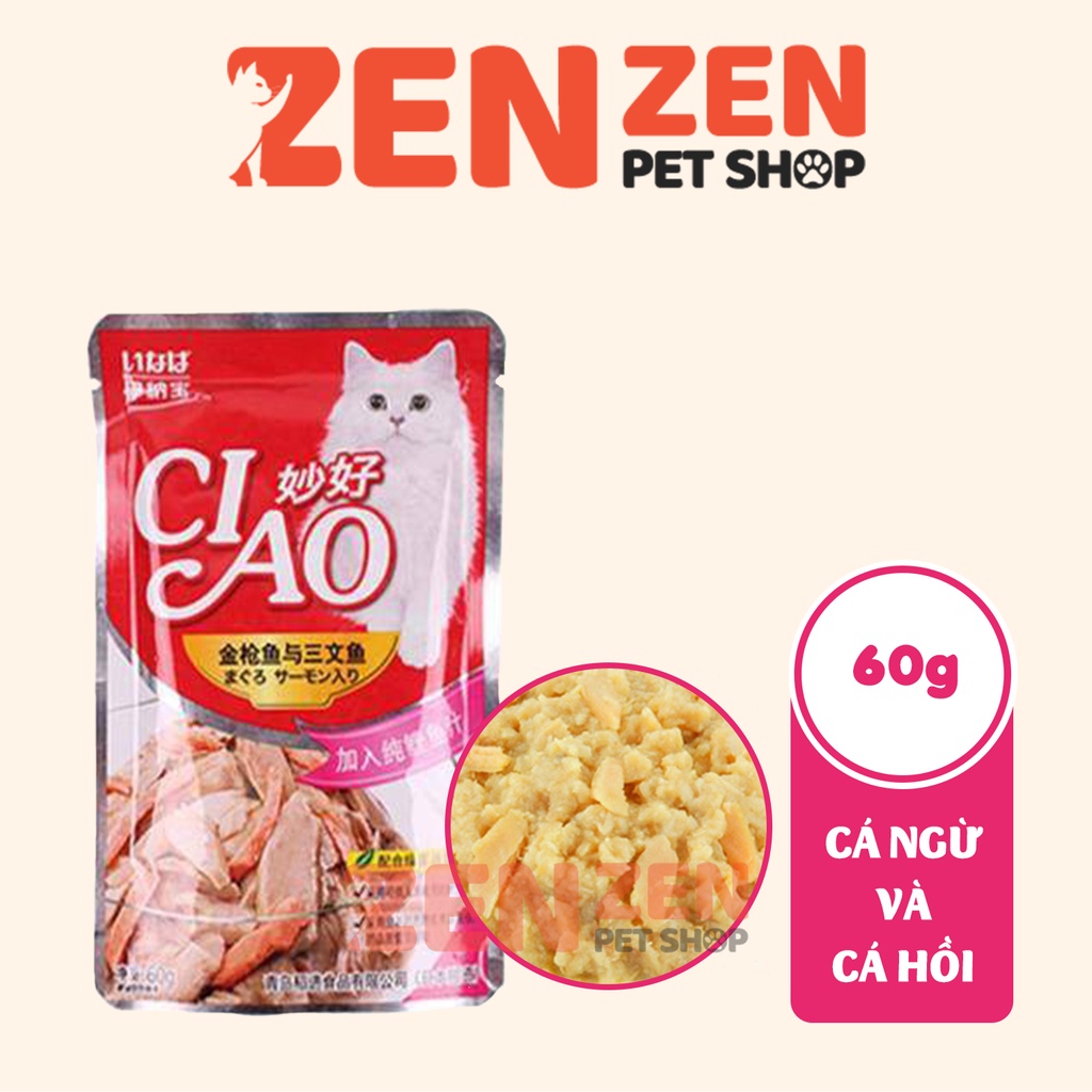 Pate Ciao 60g cho mèo nhiều vị Cua, Sò, Gà, Cá Hồi, Cá Cơm