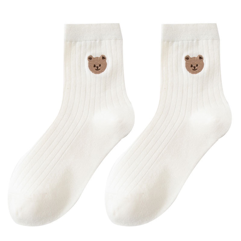 Vớ cotton Màu Trắng Thêu Họa Tiết Gấu Và Hoa Dễ Thương Phong Cách Nhật Bản Thời Trang Xuân Thu Cho Nữ