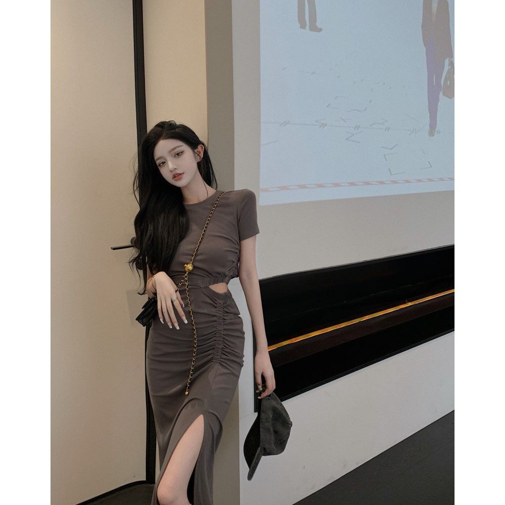 Đầm dài xẻ tà nhấn eo độc đáo thiết kế xếp ly phong cách Hàn Quốc thời trang mùa hè cho nữ 2021