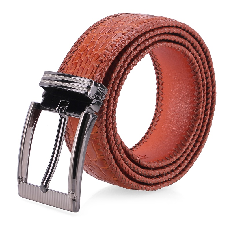 Dây nịt nam da cá sấu Huy Hoàng đan viền 4P đầu kim màu vàng bò HP4297