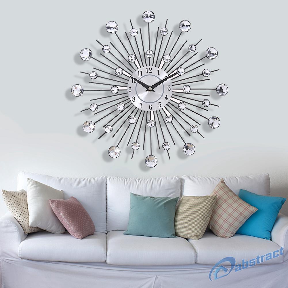 AB 33CM SILVER DIAMANTE BEADED JEWELED ROUND SUNBURST METAL WALL CLOCK