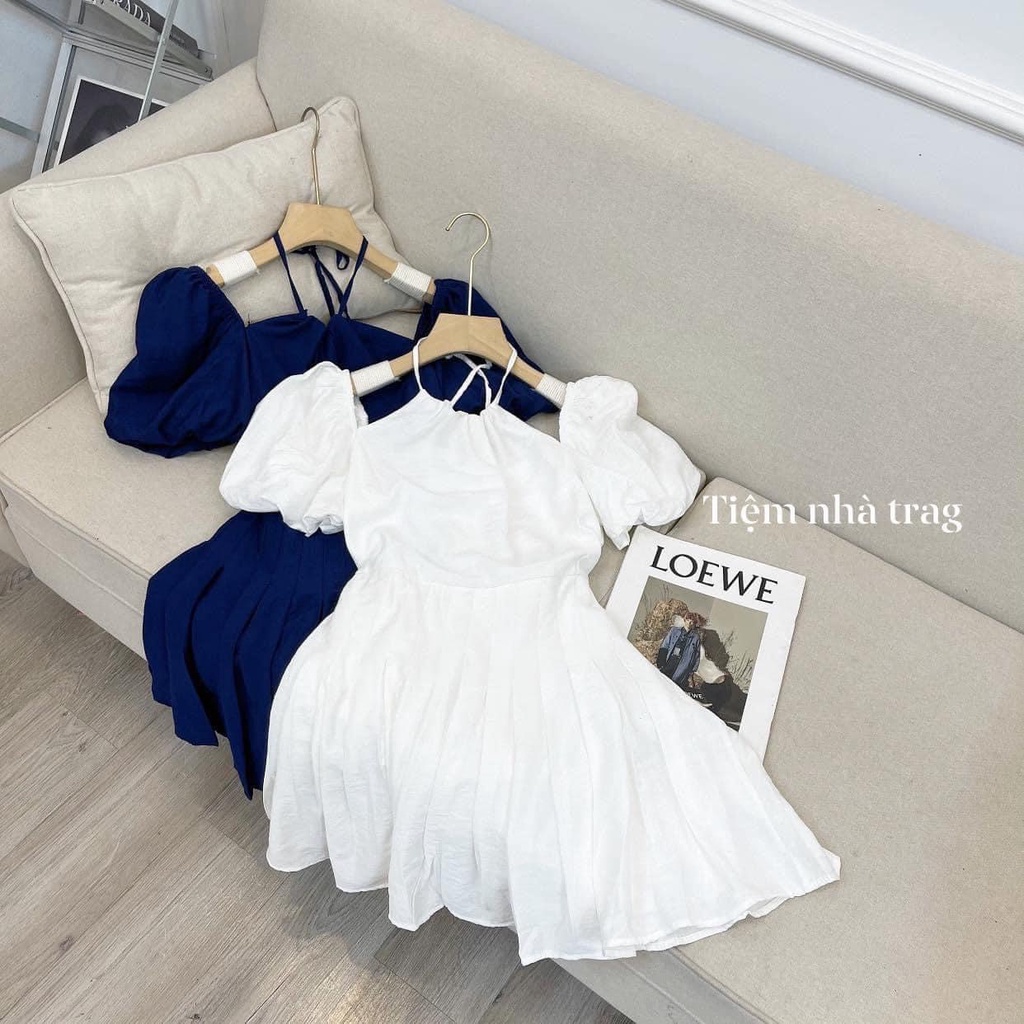 Váy trễ vai, dây yếm chất mềm mịn hàng 2 lớp phối ren. Váy vintage, Đầm công chúa