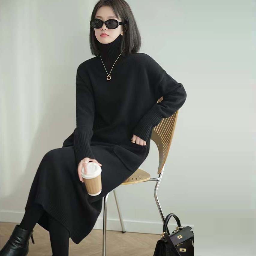 Áo Khoác Len Dệt Kim Dài Qua Gối Cổ Cao Thời Trang Thu Đông Phong Cách Nhật Hàn