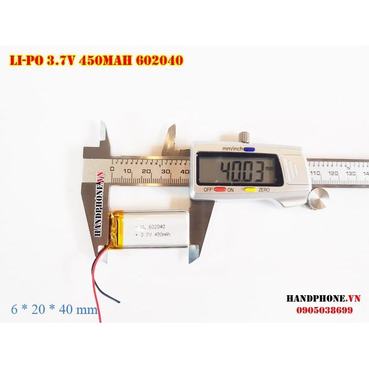 Pin Li-Po 3.7V 450mAh 602040 (Lithium Polymer) cho máy nội soi, định vị GPS, cân điện tử, máy ghi âm, camera hàng trình