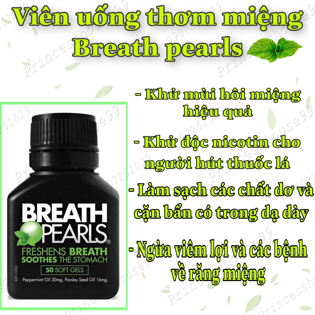 Viên thơm miệng thảo dược (50v) giảm mùi miệng Breath Pearls, Úc