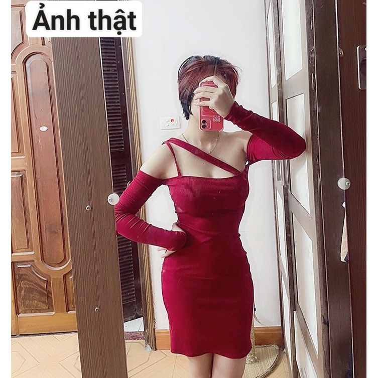 [FREESHIP] Đầm ôm body len gân cách điệu ở cổ một dây chéo màu đỏ Noel Tết kiểu dáng ulzzang ôm body siêu đẹp siêu đỉnh