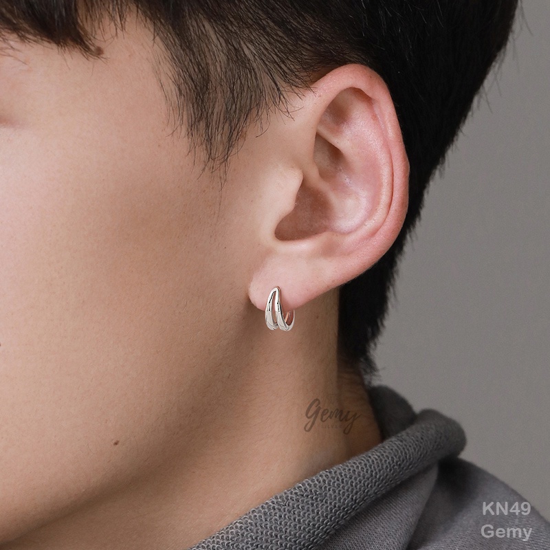 Khuyên tai bạc nam tròn trơn kép đơn giản, basic (1 chiếc) Double Rings | GEMY SILVER KN49