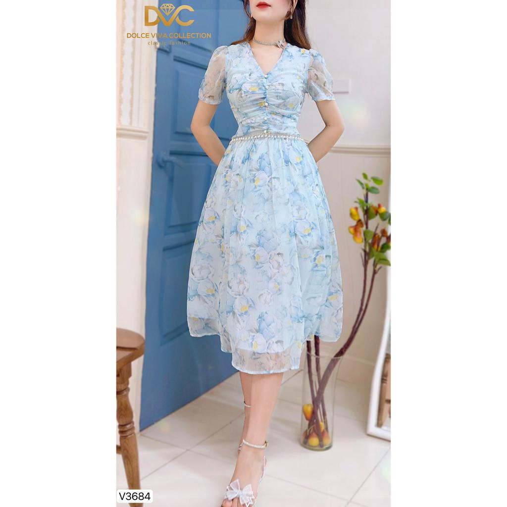 VÁY VOAN TƠ HOA XANH PHỐI VIỀN EO NGỌC V3684 - DVC