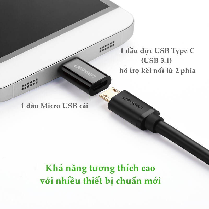 Đầu chuyển Micro USB sang USB type C, kích thước 18x13x6,6mm UGREEN US157