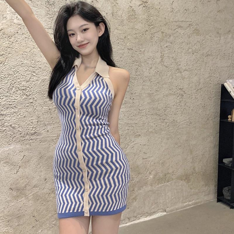 Đầm Nữ Kẻ Sọc Dáng Ôm Không Tay Cổ Chữ V Gợi Cảm Thời Trang