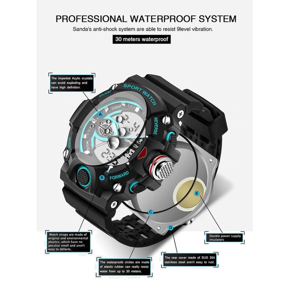 Đồng hồ thể thao nam SANDA JAPAN, Chạy 2 Máy Đỉnh Cao, Chống Nước, Siêu Bền [HÀNG XỊN] | BigBuy360 - bigbuy360.vn