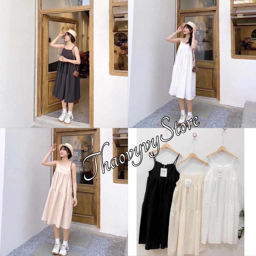 Váy 2 Dây Babydoll 3 Tầng, 🌼 Thaovystore 🌼,Đầm 2 Dây Chất Thun Đũi Mát, Váy Suông Dáng Dài 3 Màu ĐEN TRẮNG BE