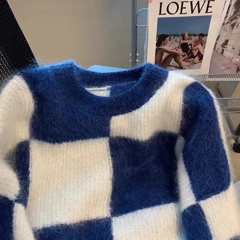 Áo Len Sáp Mềm Dáng Rộng Tay Dài Họa Tiết Kẻ Ô Màu Tương Phản Thời Trang Mùa Thu Cho Bạn Gái